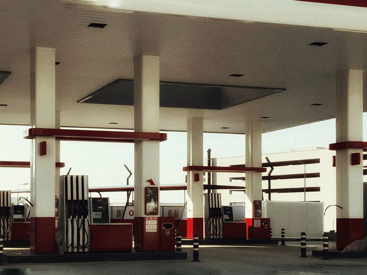 Gas station fuel pumps on a city street
