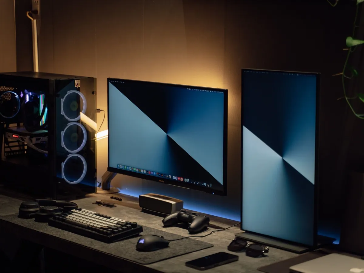 Home desktop PC setup with dual monitors on a desk