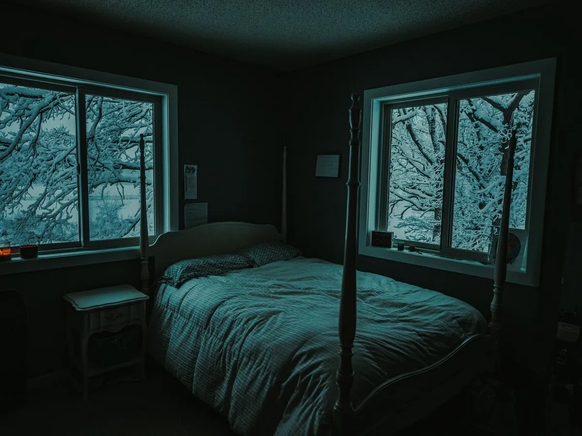 Bedroom with a made bed and snow-covered trees outside the windows