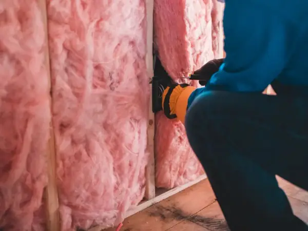 Installer fitting pink fiberglass batt insulation between wall studs