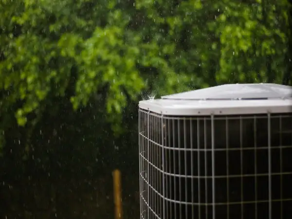 Central air conditioner condenser unit outside a home