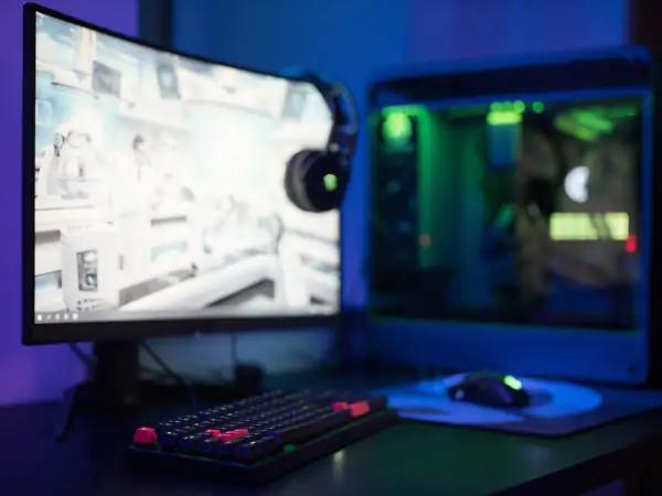 Gaming PC with RGB lighting glowing at a desk setup