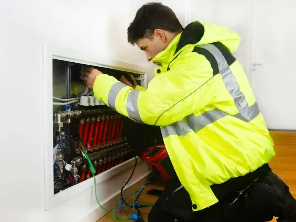 Heating technician working on a wall-mounted heating system manifold