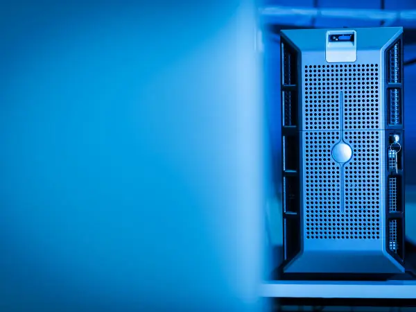 Server rack with blue lighting in a data center room