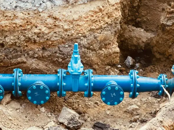 New blue water main pipe and valves in an excavated trench